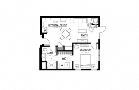Floor plan for 1 bed, 1 bath, 752 sqft